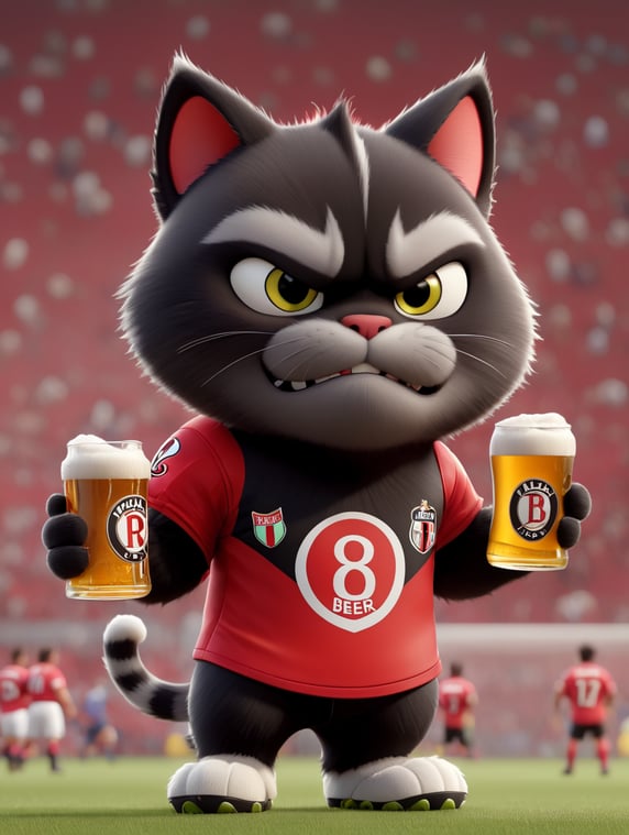 milan football player as a cartoon character, angry cat, beer, red and black jersey, football, detailed, disney style
