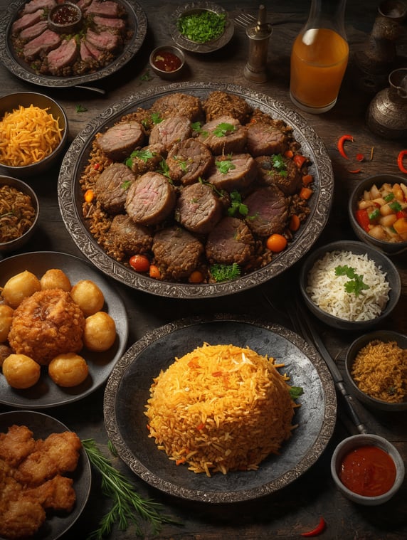 Photo Still life of pilaf and fried lamb