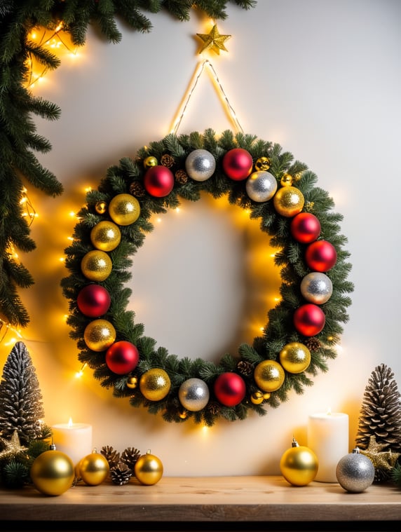 Pine Christmas triangle chape wreath only with yellow balls and Christmas lights