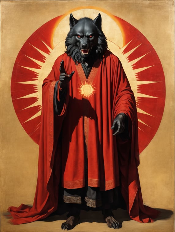 icon painted by Leonardo Davinci, portrait of a human with a black angry Wolf head, clothes in a black and red coverlet, hand crossing fingers, glow around the head in the form of a sun