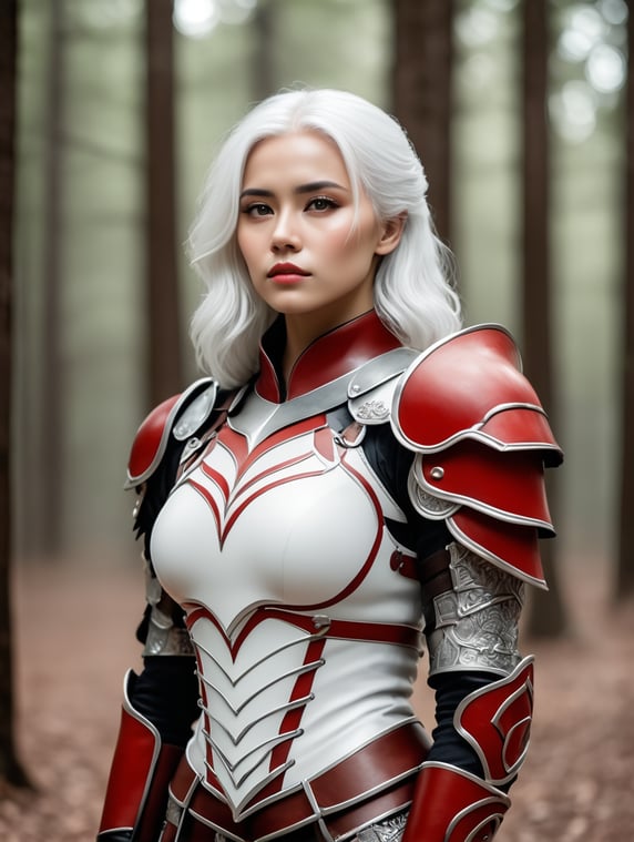 Beautiful young woman with white hair, use fantastic age red leather warrior armor. alone in the forest,