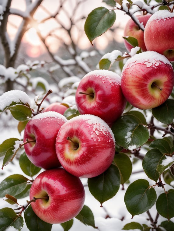 apples in the snow. Pink on white. Close-up. Sunny winter day
