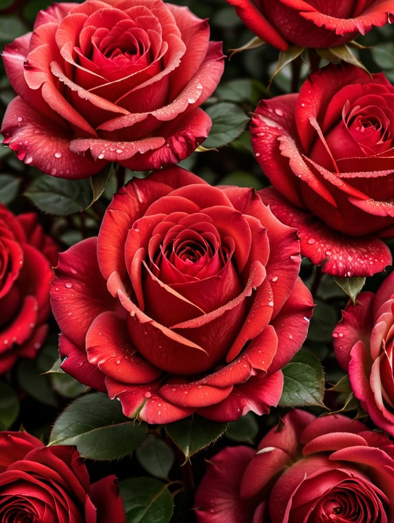 a thousand red rose flowers, depth of field,