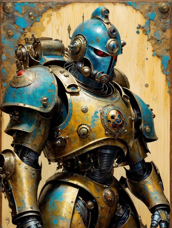 Surreal Psychedelic Pop Art, Warwick Goble, Heinrich Kley, Vermeer, Warhammer Cyborg Guardian Spacemarine, 2nd Century Encaustic painting on Wood, decaying paint curling and cracked, massive scale surrealism, robotic features, abstract hyperrealism, iridescence, palette knife texture, at an obscure angle, mechanical precision