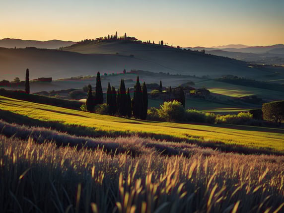 Generate a captivating image that showcases a tranquil Tuscan field at dawn. The field should be sprawling and filled with tall golden wheat, gently swaying with the breeze. A few scattered, ancient olive trees, their gnarled branches reaching up to the sky, dot the landscape. The sky above should be a magnificent mixture of warm oranges, pinks, and purples of the morning light, with the rising sun just peeping over the horizon. Nestled in the distant rolling hills, you can make out the silhouette of a charming Tuscan farmhouse, its red-tiled roof glowing in the dawn's first light. The overall atmosphere of the image should evoke a sense of peace and serenity, embodying the idyllic beauty of the Tuscan countryside.