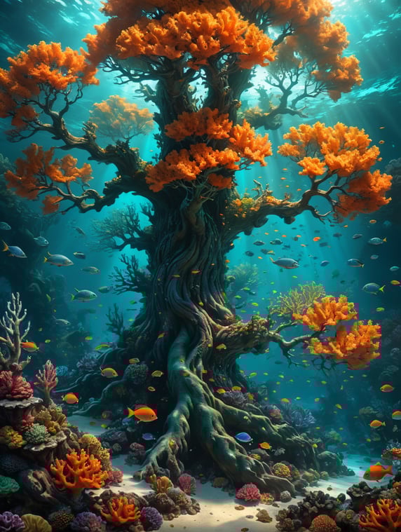 A beautiful tree with full details under the ocean, bathed in light with fishes that are moving around, bright orange and turquoise colors, surrounded by colored corals.