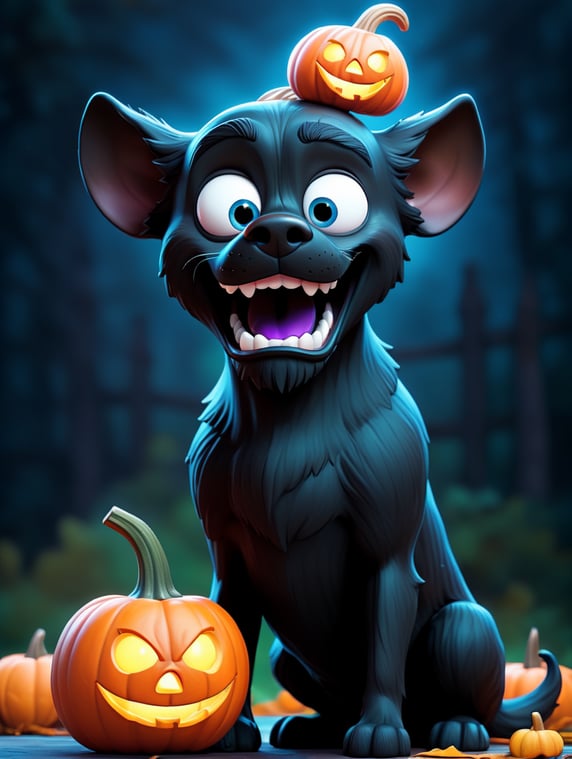a black dog with Halloween pumpkin head, photorealistic illustration, scary, dark