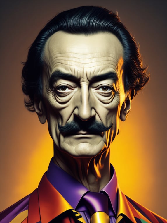 Portrait of Salvador Dali, Along with Salvador Dali's classic upward-growing slender mustache, bright and saturated colors, elegant, highly detailed, vogue, fashion magazine, sharp focus, bright expressive makeup, dramatic lighting, depth of field, incredibly high detailed, blurred background