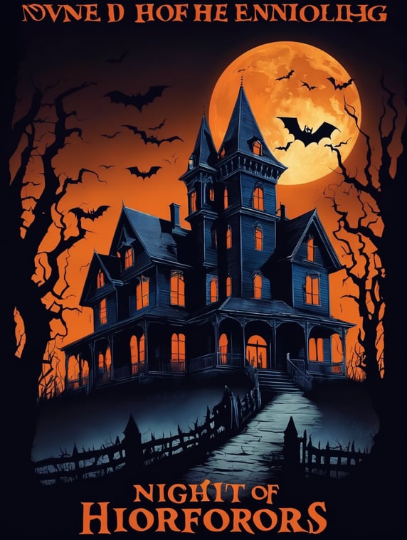 Night of Horrors Halloween Poster, evil haunted house, orange and dark blue hues, sinister mood