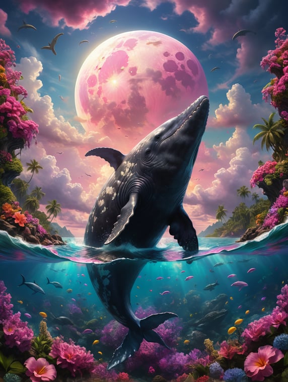 cachalote whale, tropical flowers, pink sea, sky with clouds and moon