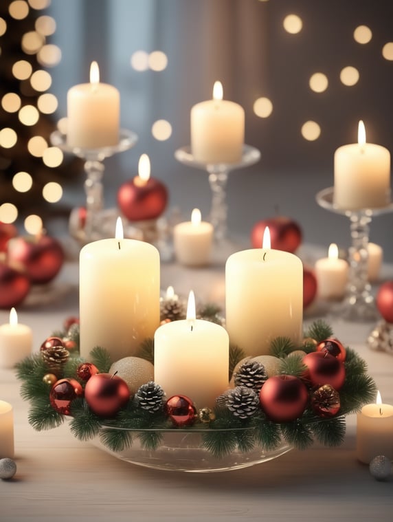 8k 3d Beautiful glass appel with candles inside and Christmas background