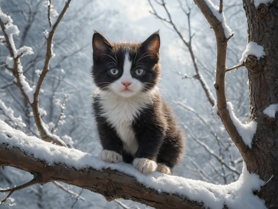 Black and white kitten walking along a tree branch in a tree covered in snow. Sunny day, viewed from the side.