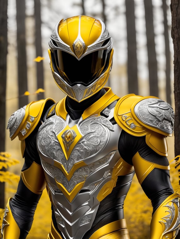 Create a highly detailed illustration of a Yellow Power Ranger wearing sleek, futuristic armor. The armor is slim-fitting and features a bold metallic silver V pattern on the chest, engraved with flowing, vine-like details that meet at the center. At the heart of the V, a glowing yellow emblem of an orangutan's head pulses with energy. The suit is vibrant yellow with silver accents on the shoulder pads, belt, gloves, and boots. The helmet is yellow with a seamless black visor and silver details. The pose should evoke wisdom and agility, set against a golden forest-like backdrop with glowing energy.