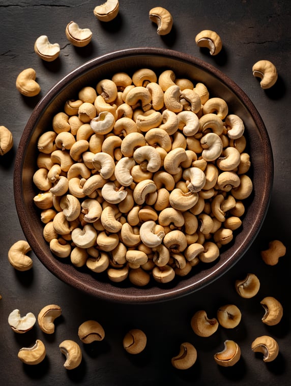 Cashews in bowl, Photography, realistic, Hyperrealistic, studio light, top shot, long shot