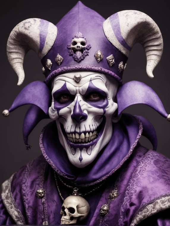 A jester in purple motley with a skull for a head.