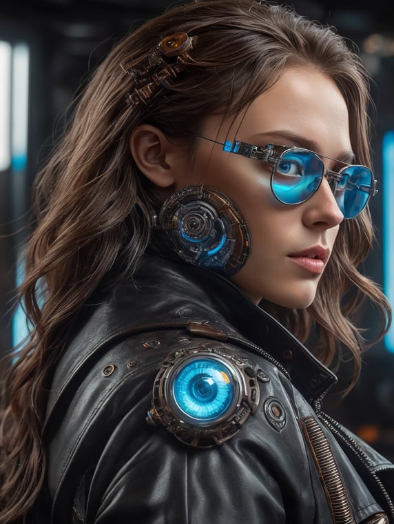 cyberpunk Dan Cox excitement thoughtfulness blue eyes full brown hair black leather coat titanium glasses futuristic sci fi lab 3d hologram