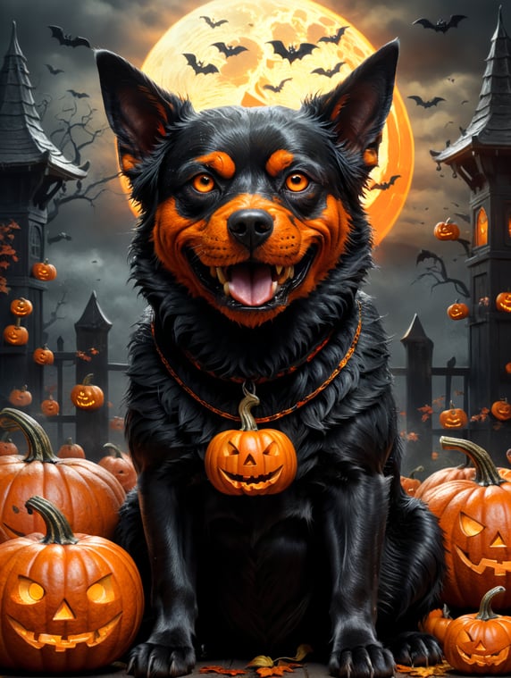 a black dog with Halloween pumpkin head, photorealistic illustration, scary, dark