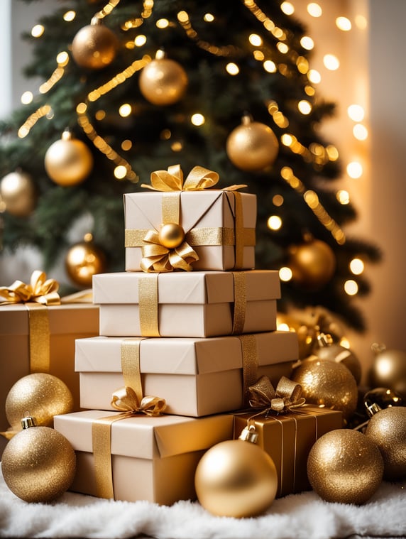 Christmas gift boxes with Christmas tree with golden Christmas balls and Christmas lights