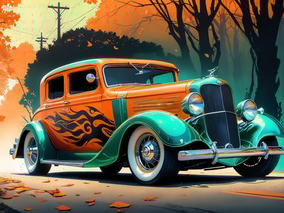 : A vector flat illustration of a classic car transformed into a Halloween hot rod, with stylized flames painted on the sides, a spooky skeleton driver, and eerie green headlights, capturing the spirit of Halloween excitement, Vector Flat Illustration, designed with vector graphics software to convey the fun and creativity of Halloween car decorations