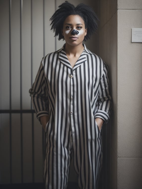 clown in a black and white stripes prison jumpsuit uniform