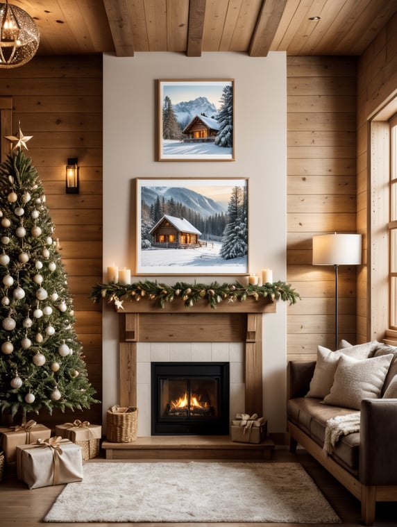 vertical picture wall mockup, natural christmas, cozy log cabin, neutral colors