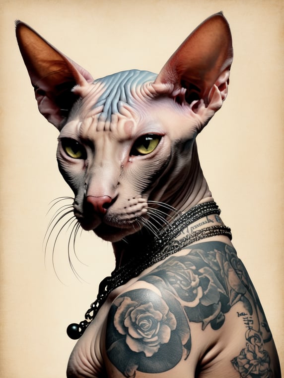 sphynx cat with calligraphy tattoos, illustration by Norman Rockwell Tim Bradstreet