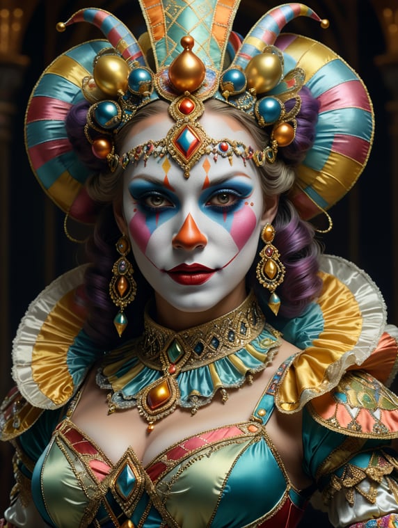 Epic portrait of tvenetian harlequin full body female clown in pastels and gold intricate embellishments and geometric patterns and designs, high definition, photography, cinematic, detailed character portrait, detailed and intricate environment, strong breeze, nevus under left eye, detailed and intricate environment