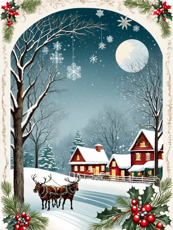 New York vintage Christmas postcard illustration brimming with nostalgic winter scenes, adorned with sleigh bells and delicate snowflakes