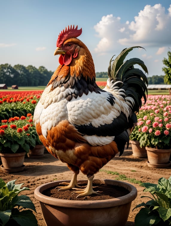 A giant chicken stands within a giant flower pot on a farm field.