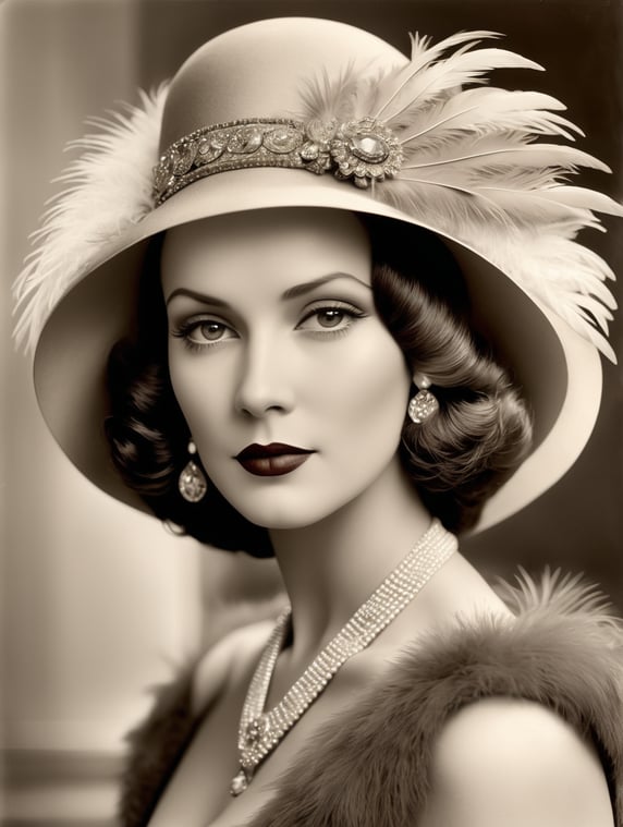 a portrait photo of a beautiful lady on 1930 era wearing a stylish hat. There are luxorious feathers on the hat but one of the feathers seems to be a fish.