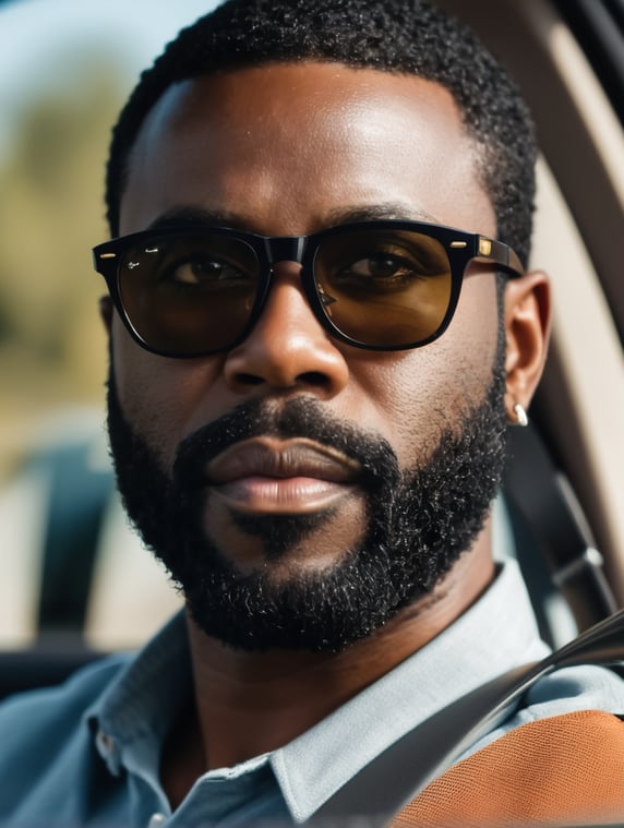 Black man beard sunglasses car driving focus