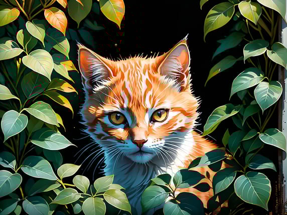 Ginger kitten looking through privet hedge