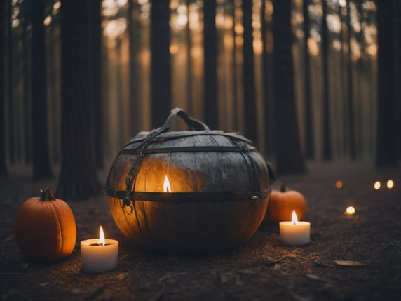 Boreal forest in the middle of the night. It's the beginning of the winter. The only light comes from a blazing cauldron in the middle of the scene. There are many small pumpkins and lit candles decorating the floor. The light is dim and only comes from the cauldron.