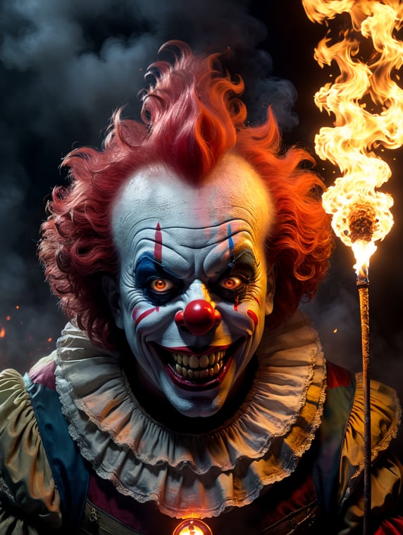 oprah winfrey as a fire breathing scary clown with halloween props