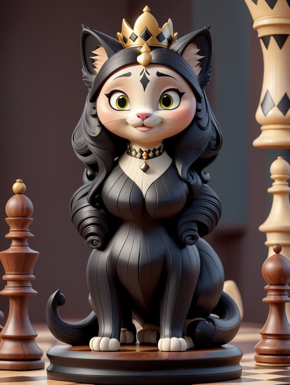 chess figure Queen looks like a cat, made from a black wood, deep carved, stand alone