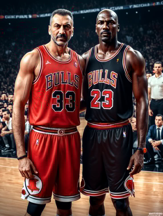 Turkish actor Murat Unalmis standing next to Michael Jordan wearing a Chicago Bulls Jersey and holding a basketball.
