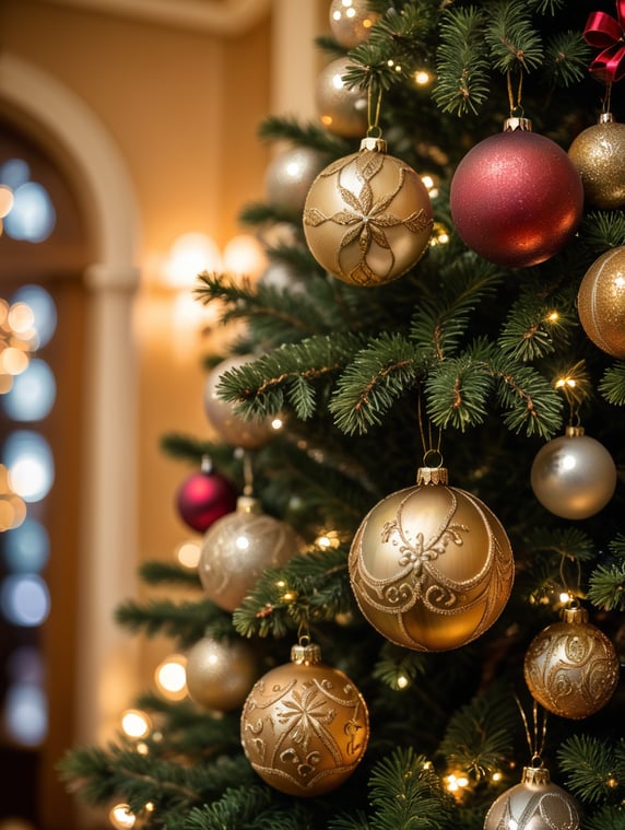Close up of a well decorated Christmas tree. Warm tone image, Dreamy
