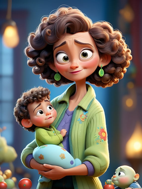 a woman, age 70 with curly hair holding a baby boy, disney pixar chritsmas style