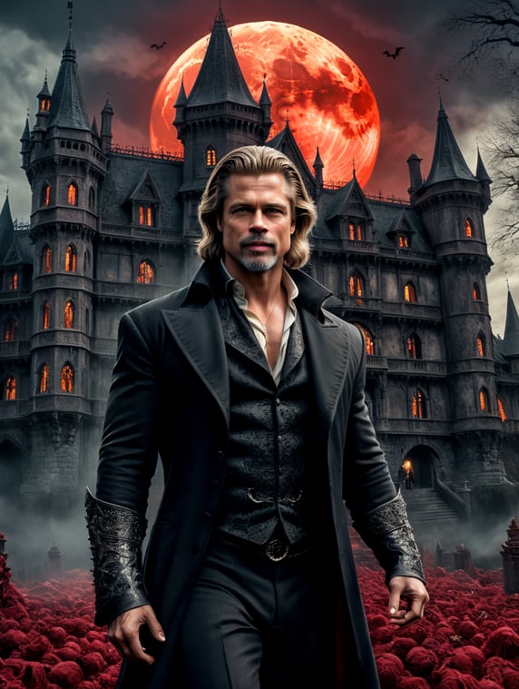 By Anne Rice and Francis Ford Coppola, envision Brad Pitt as a Vampire Lord, reigning over a haunted castle amidst a blood moon on Halloween night, blood, horror, vampire teeth, eerie, gothic, Halloween, cinematic photography, action shoot, movement, epic, high definition