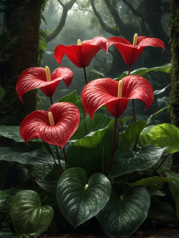 anthurium flowers growing in a lush forest