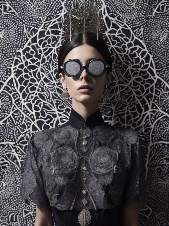 a chromogenic carbon print of a woman wearing a dress of biomorphic turing Morphogenesis made of moth, beetle, orchid, islamic patterns, penrose tiling, arabesques, Girih tiles, lattice, corals, Belousov–Zhabotinsky reaction vortex crown sunglasses, Phyllotaxis headress, pufferfish gloves, Slime mould jewelry, Meanders silver belt ornament, photograph in the style of William Eggleston, Marie Cosindas, Carolina Mizrahi, Sarah Moon,