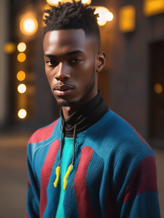 Portrait of black young man, bright and saturated colors, elegant, highly detailed, market, small retail from the inside, sharp focus, Bright expressive makeup, Dramatic Lighting, Depth of field, Incredibly high detailed, blurred background