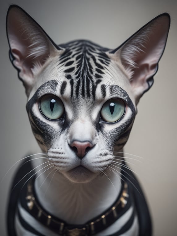 bold white sphynx cat covered with tattoos wearing black collar with spikes