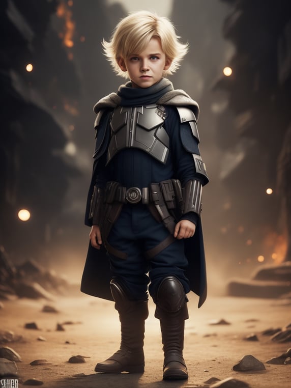 a 6 year old boy adventurer similar to Jedi from starwars, starwars universe, starship troopers and dark vador on the back, creative, and kind-hearted person with short, blonde hair, big blue eyes, small nose, and a smiling mouth, standing centered in 3D style, rendered using beautiful Disney animation, Pixar style, Disney style, 3D style