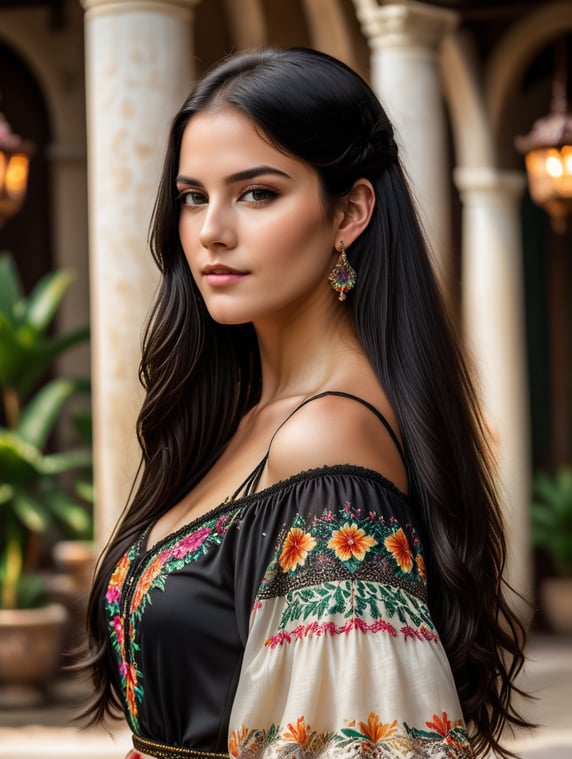 a beautiful white girl with long straight black hair she wears a beautiful dress in a mexican environment; uma linda garota branca com cabelos lisos compridos e pretos ela veste um lindo vestido em um ambiente mexicanos