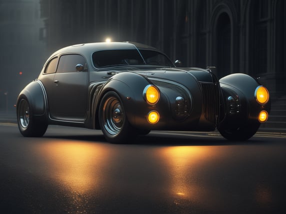 Wide shot of a minimal biomechanical translucent vehicle reminiscent of 40s car, silver and black colors, led lights, glowing headlights, creepy ambiance, fog,