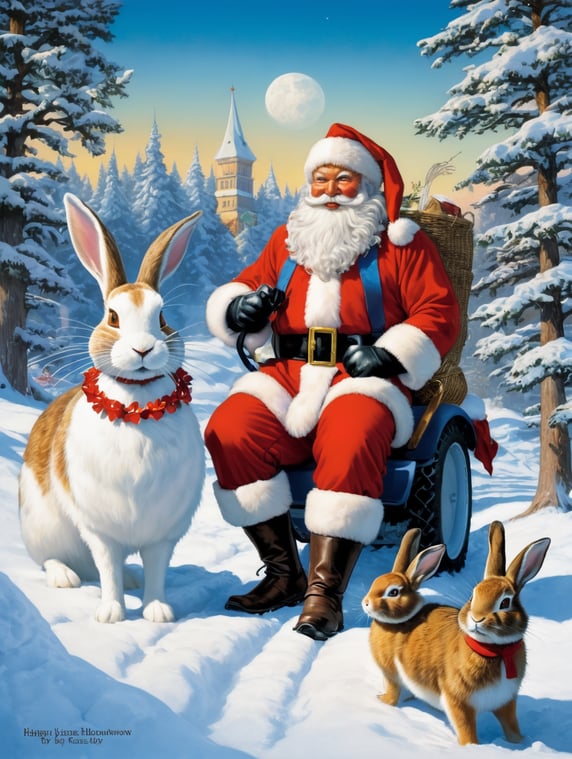 New year's card, Santa Claus and Snow Maiden, rabbit, deere, by Justin Gerard and Greg Rutkowski