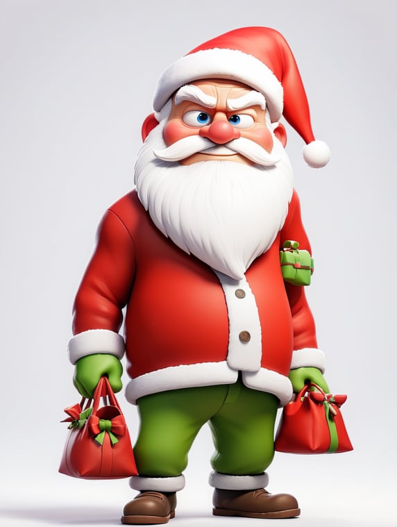Santa Claus in full height holds a bag of gifts , on a white background, clipart