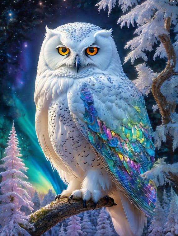 Iridescent dreamscape a majestic iridescent Majestic glass snow owl, night, aurora borealis, award winning, concept design, polycarbonate, visible quantum flowers internals art by lisa frank and karol bak and Kirsty Mitchell . surreal, ethereal, dreamy, mysterious, fantasy, highly detailed, perfect composition, iridescent background, digital painting, perfect_composition, energy, molecular, textures, iridescent and luminescent feathers, breathtaking beauty, pure perfection, unforgettable, impressive, breathtaking beauty, Volumetric light, auras, rays, vivid colors reflect