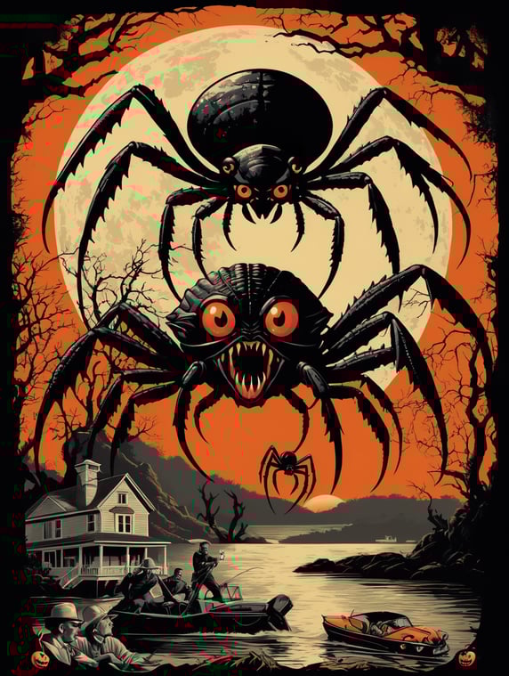 1950's b-movie horror halloween t-shirt print design featuring a giant crab and black widow spider